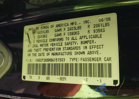 2008 Honda Accord 2.4 Ex-L from USA, damaged, VIN 1HGCP268X8A151503
